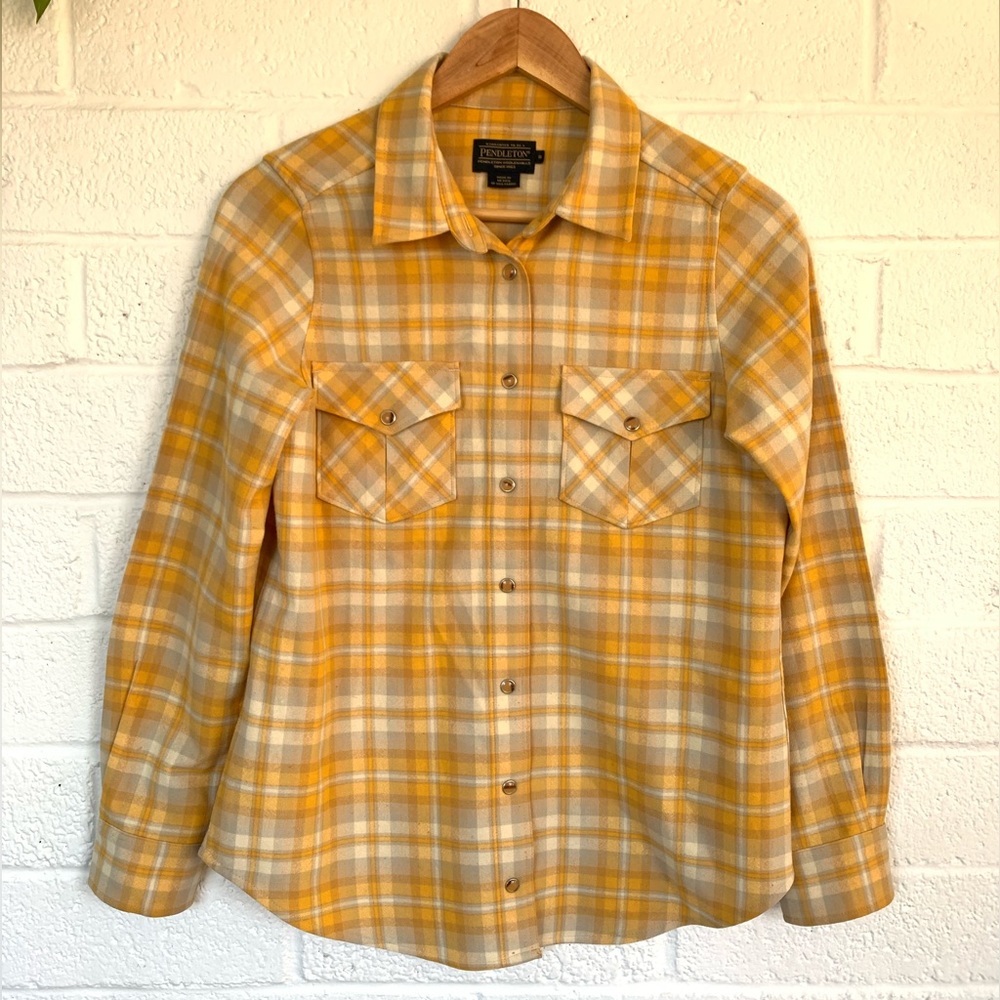 Pendleton 100% Wool Pearl Snap button down long sleeve yellow plaid shirt